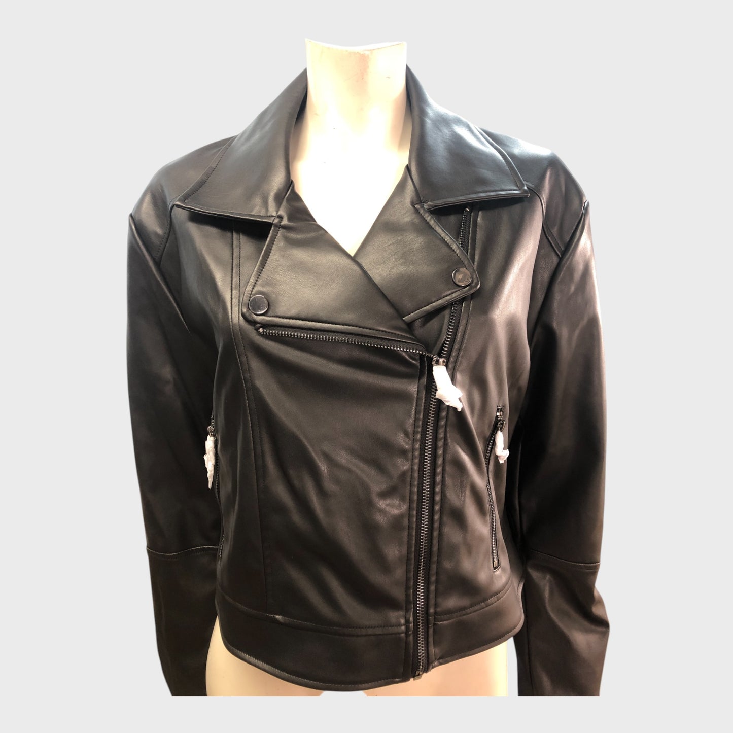 BLACK Women's Faux Leather Biker Jacket Zip Pockets Fashion UK12