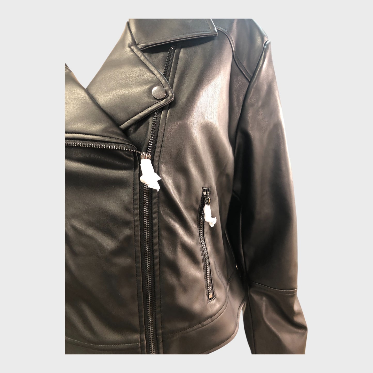 BLACK Women's Faux Leather Biker Jacket Zip Pockets Fashion UK12