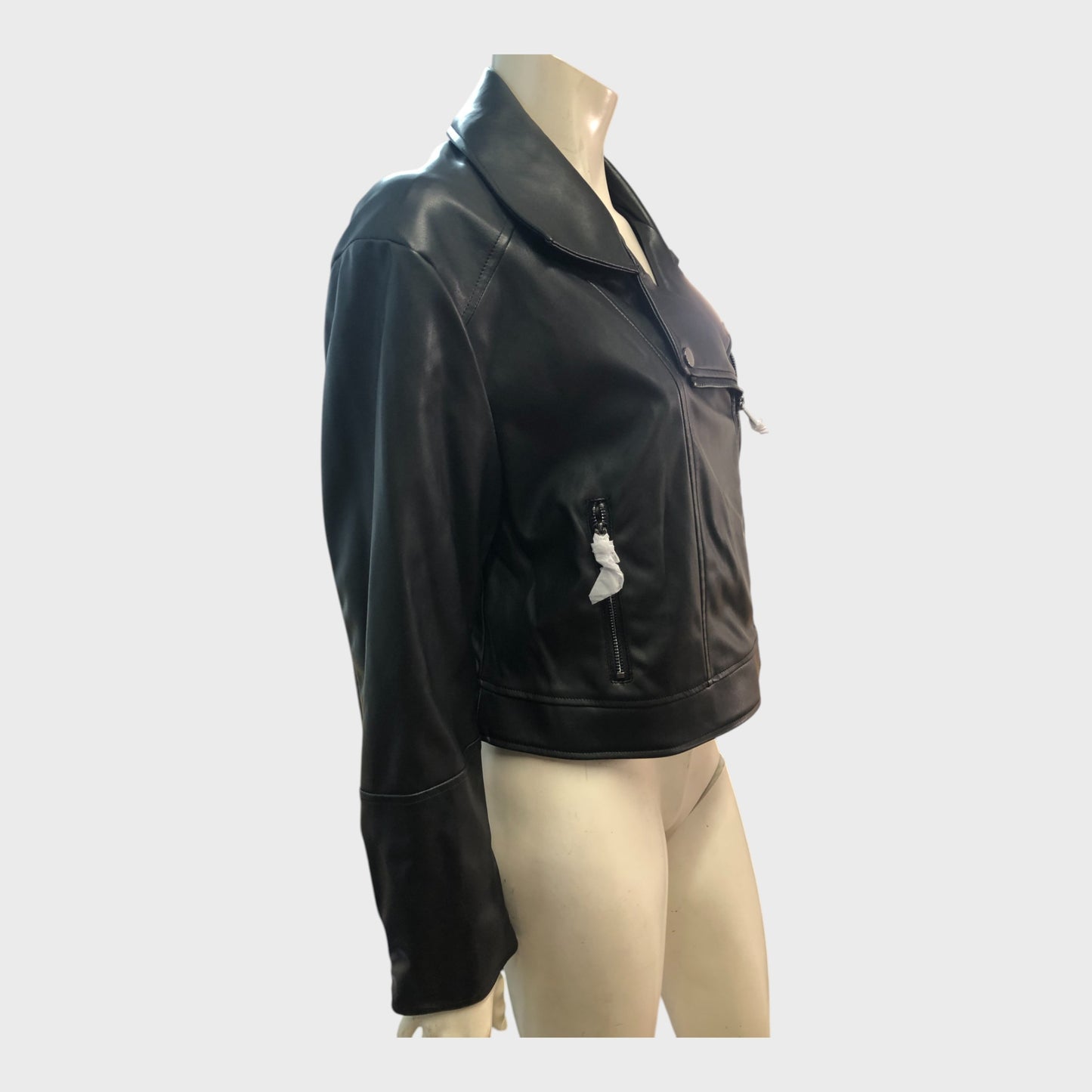 BLACK Women's Faux Leather Biker Jacket Zip Pockets Fashion UK12
