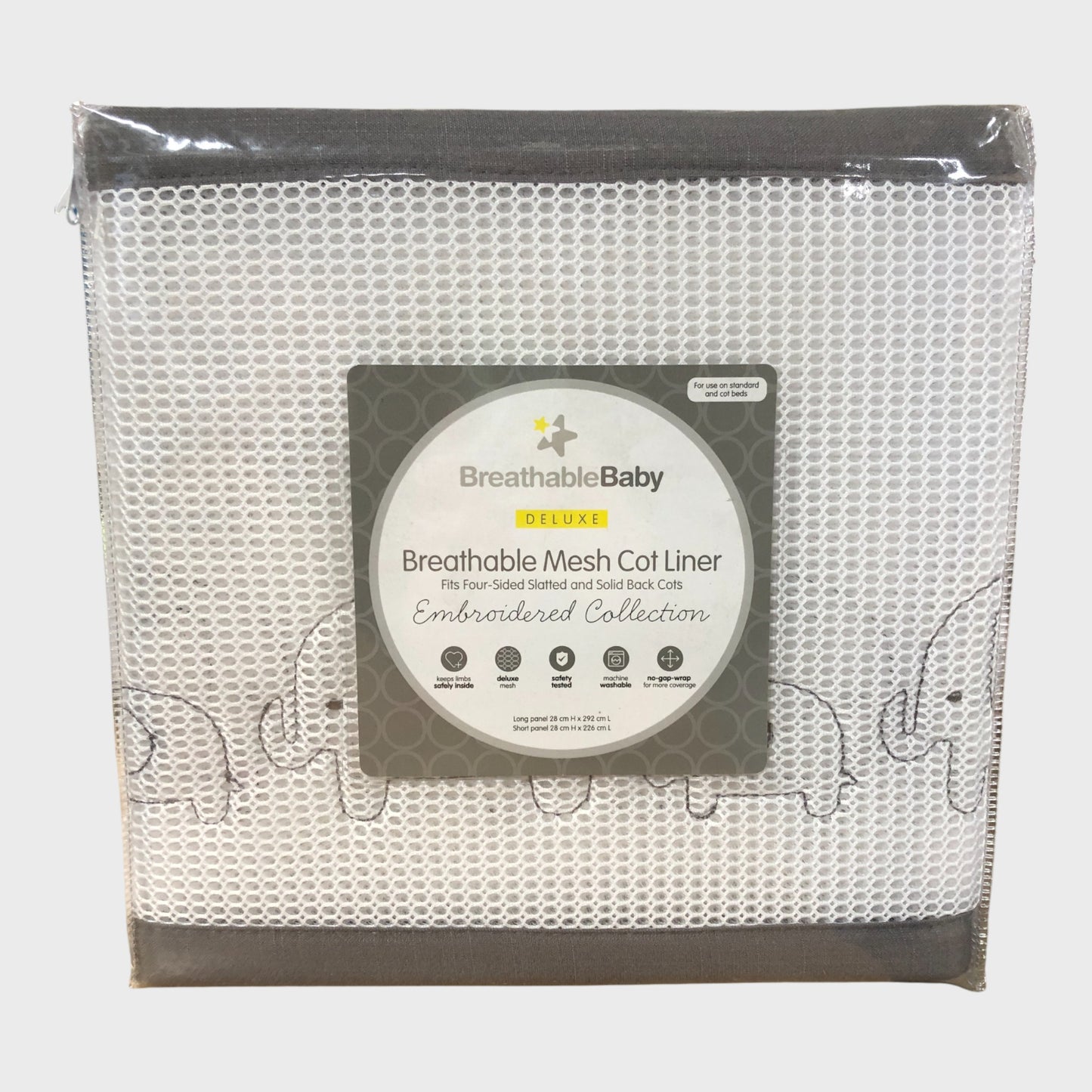BREATHABLEBABY Deluxe Mesh Four Sided Cot Liner Embroidered Elephant Design