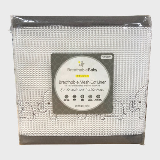 BREATHABLEBABY Deluxe Mesh Four Sided Cot Liner Embroidered Elephant Design