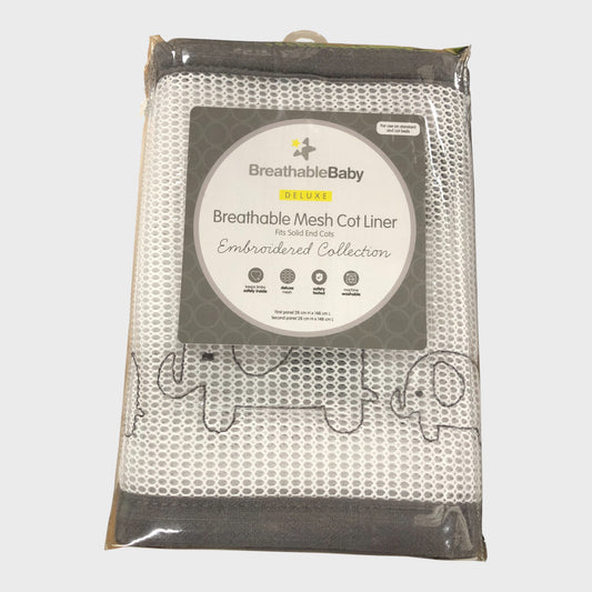 BREATHABLEBABY Deluxe Breathable Mesh Solid End Cot Liner Embroidered Elephant