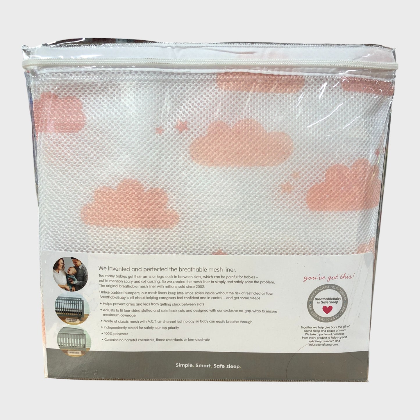 BREATHABLEBABY Classic Mesh Cot Liner Pink Clouds Pattern Safe Sleep
