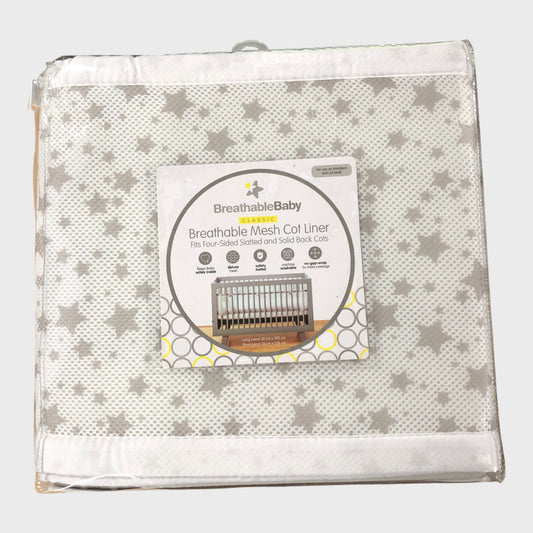 BREATHABLEBABY Classic Mesh Cot Liner Grey Stars Pattern Safe Sleep