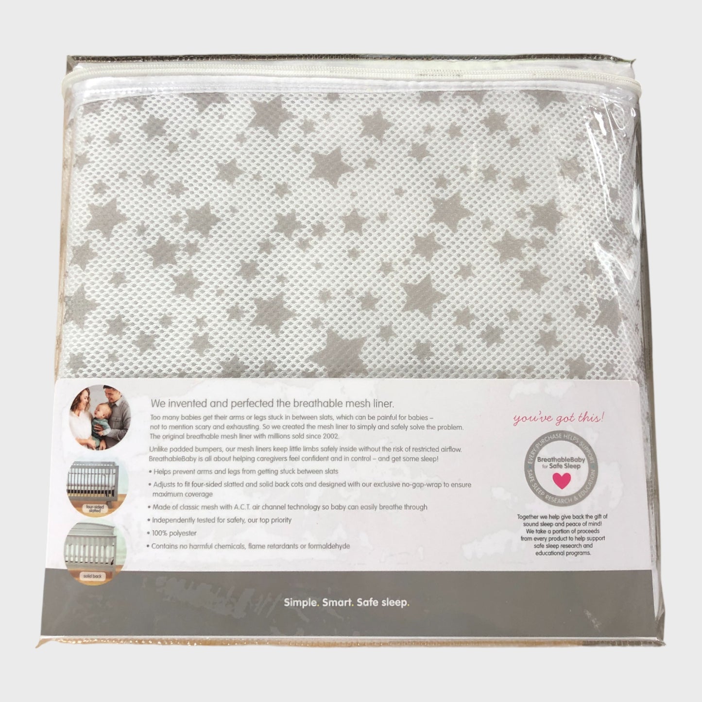 BREATHABLEBABY Classic Mesh Cot Liner Grey Stars Pattern Safe Sleep