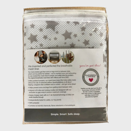 BREATHABLEBABY Mesh Cot Liner Fits Cribs & Rocking Cradles Twinkle Grey 22cm x 275cm