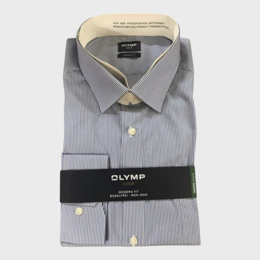 Olymp Luxor Blue and White Striped Long Sleeved Shirt - XXXL - Collar 47cm