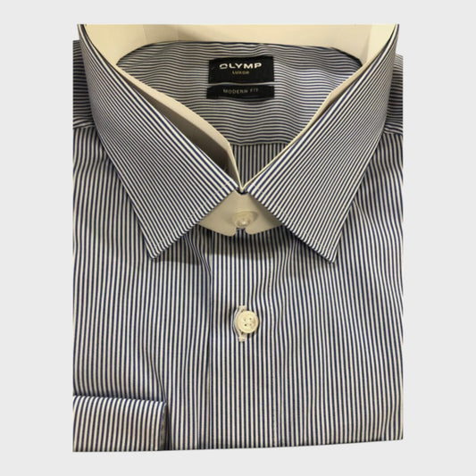 Olymp Luxor Blue and White Striped Long Sleeved Shirt - XXXL - Collar 47cm