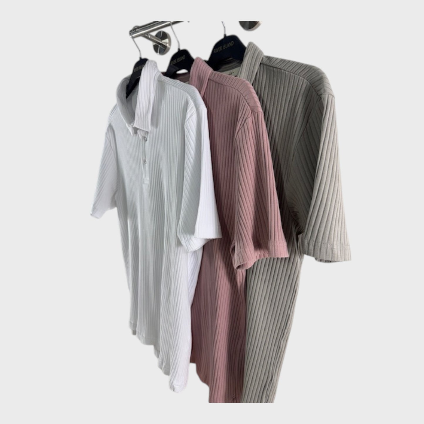 RIVER ISLAND Men's Ribbed Polo Shirt White Pink Grey Stretch Casual 3PCS