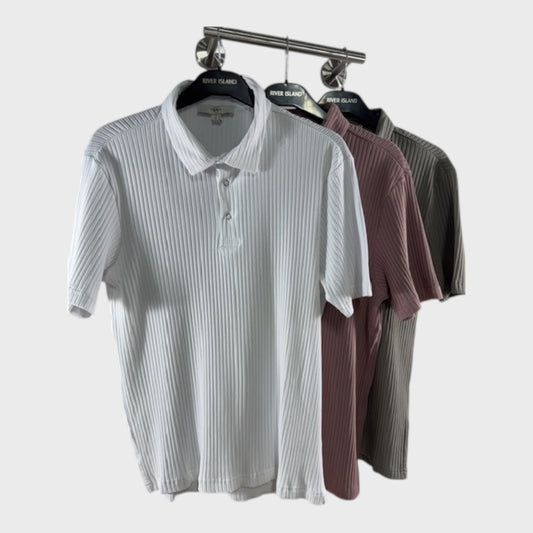 RIVER ISLAND Men's Ribbed Polo Shirt White Pink Grey Stretch Casual 3PCS