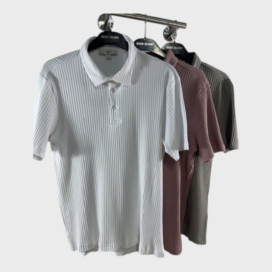 RIVER ISLAND Men's Ribbed Polo Shirt White Pink Grey Stretch Casual 3PCS