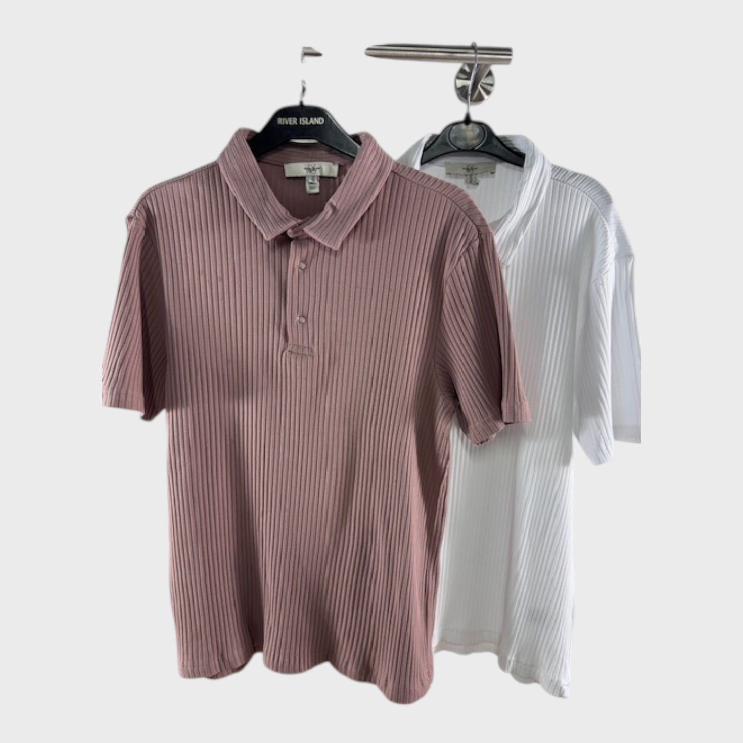 RIVER ISLAND Men's Ribbed Polo Shirt White Pink Grey Stretch Casual 3PCS