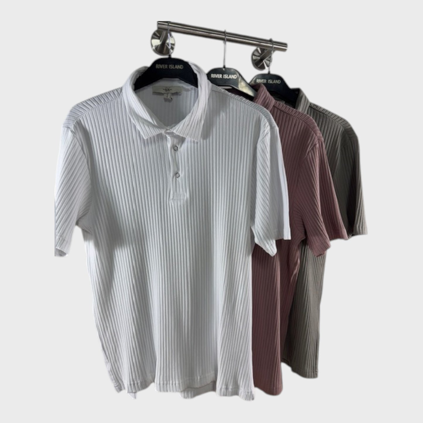 RIVER ISLAND Men's Ribbed Polo Shirt White Pink Grey Stretch Casual 3PCS