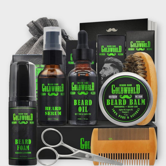 GOLDWORLD Beard Grooming Kit Brush Oil Balm Foam Serum Comb Gift Set