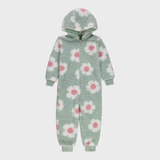 Kids Green Daisy Hooded Fleece Onesie