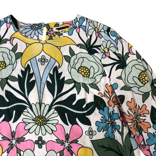 Floral Print Dress UK14 Women's Linen Summer Short Sleeve Multicoloured