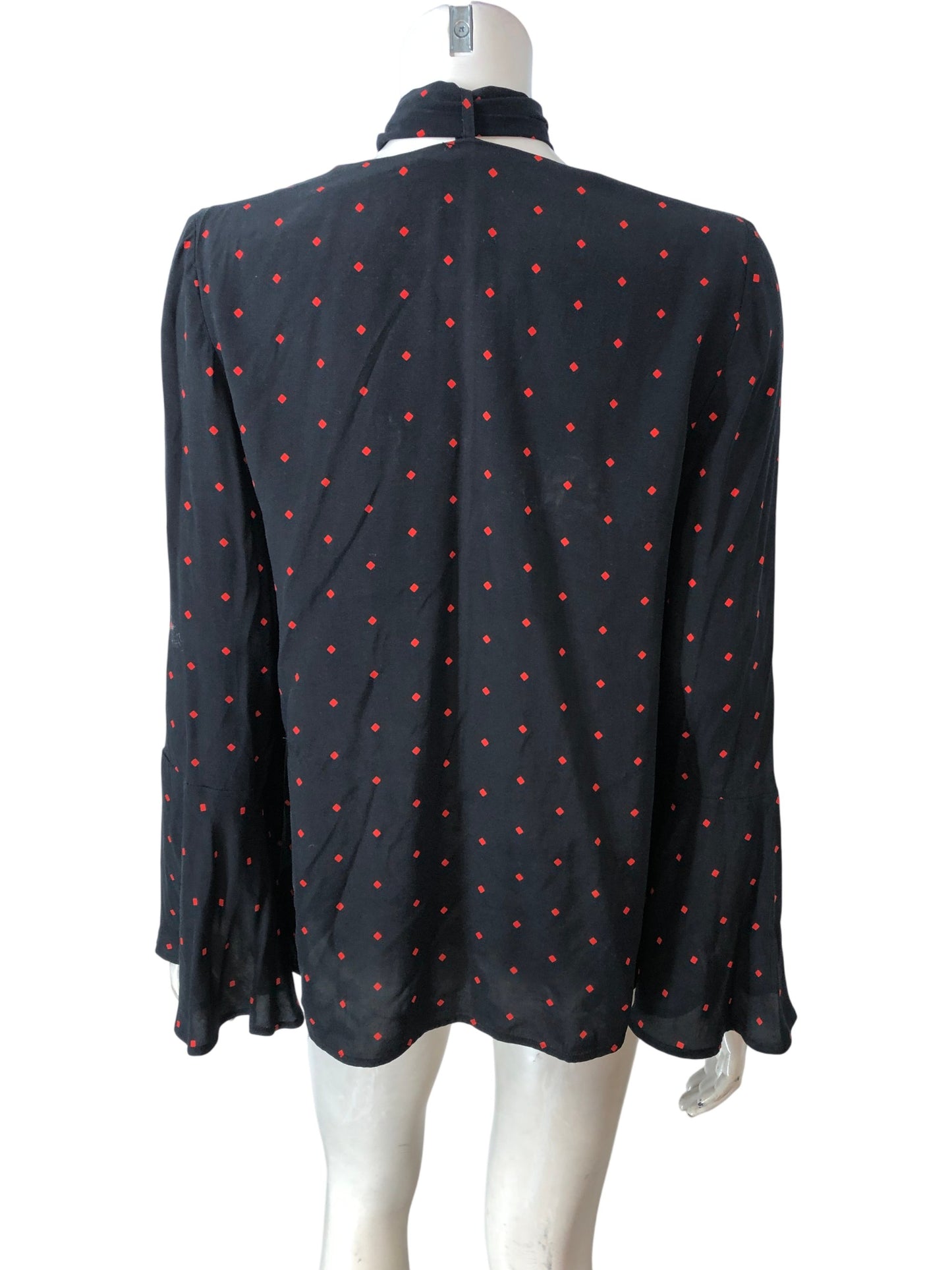 Women's Blouse UK12 Black Red Polka Dot V Neck Tie Sleeve Top