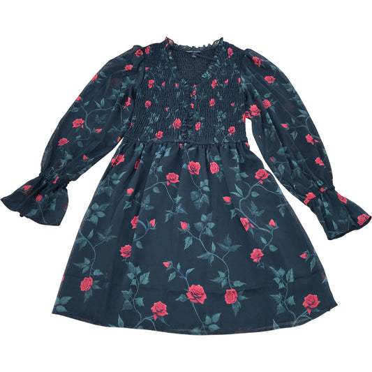 River Island Floral Print Dress UK6 Women's Long Sleeve V Neck Smocked Black