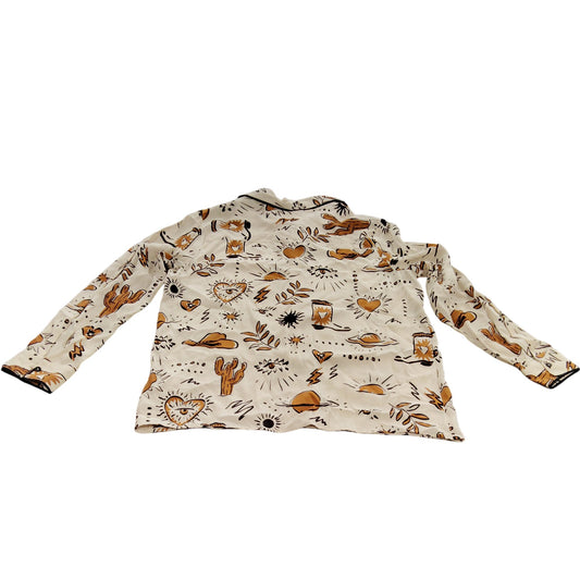 River Island Women's Casual Shirt UK10 Cream Viscose Printed Design Long Sleeve