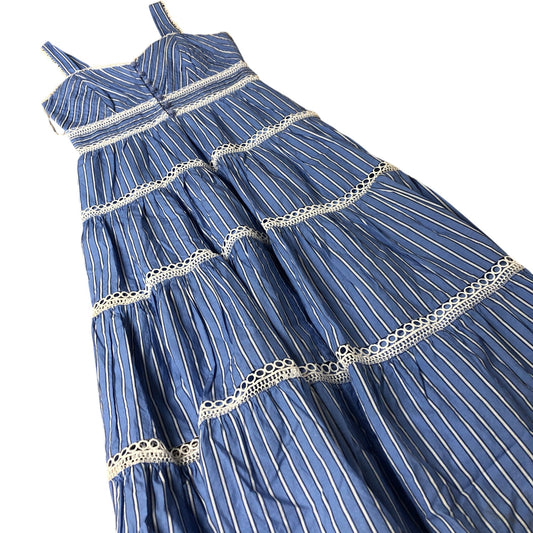 Branded Striped Maxi Dress Women's Blue Cotton Tiered Sleeveless UK8