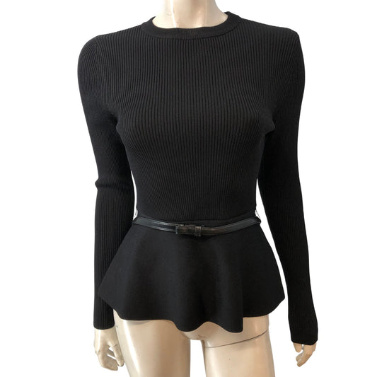 River Island Women's Black Ribbed Peplum Top Size UK10 Long Sleeve