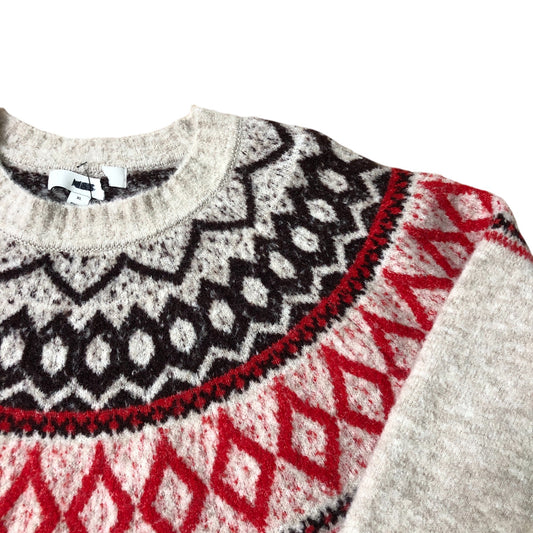 Wool Blend Knitted Sweater UK16 Women's Warm Fair Isle Pattern Cream Red