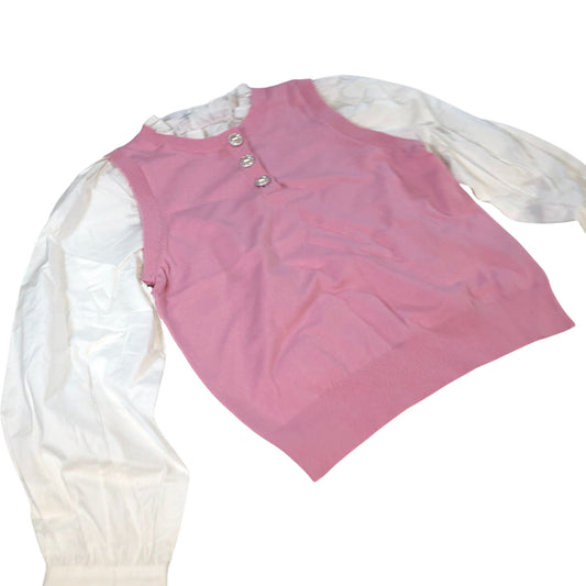 River Island UK8 Women's Pink Sweater Top With White Long Sleeves And Buttons