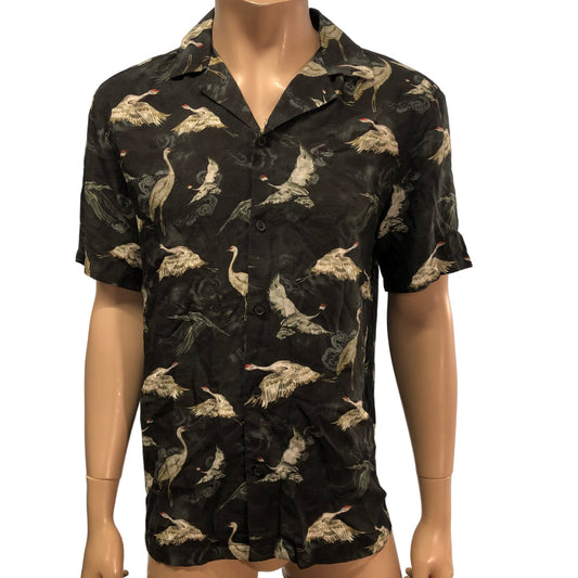 River Island Short Sleeve Shirt Men's Size Small Black Crane Print Viscose