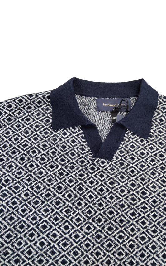 River Island Men's Large V Neck Polo Shirt Navy White Diamond Pattern