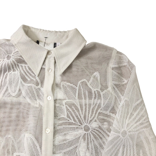 Floral Mesh Button Up Blouse UK M Women's White Sheer Lightweight Top