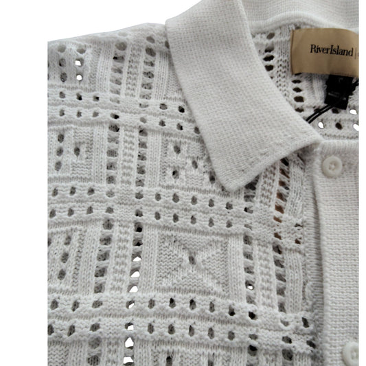 River Island Men's Short Sleeve Cardigan Large White Knitted Crochet Style