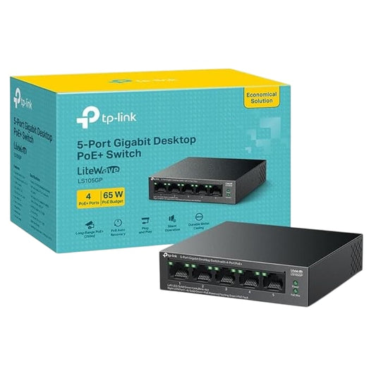 TP-Link 5 Port Gigabit Desktop PoE+ Switch LiteWave LS105GP 65W Plug And Play