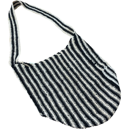 Macrame Sling Striped Shoulder Bag Women's Casual Tote Bag Black Cream