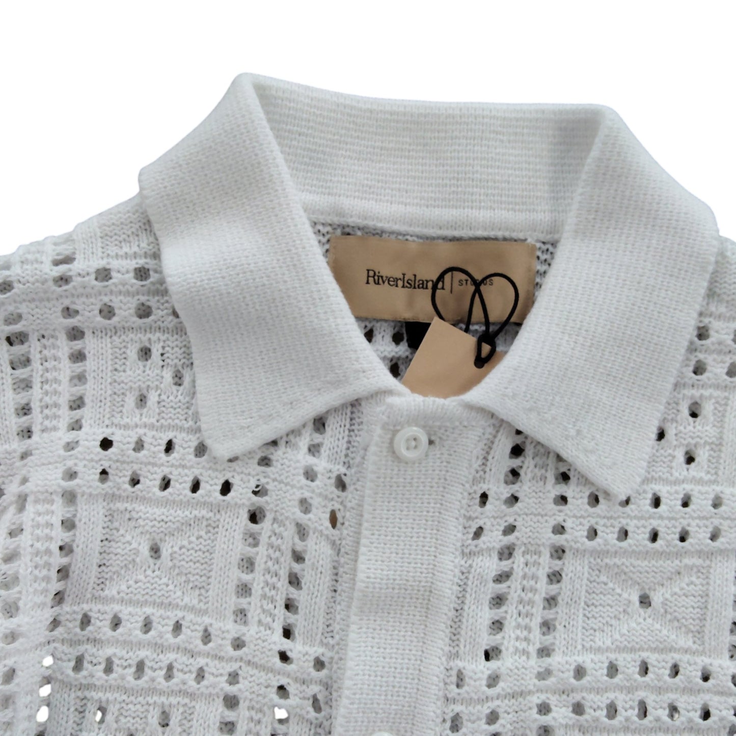 River Island S Women's Short Sleeve Button Up Cardigan White Openwork Knit