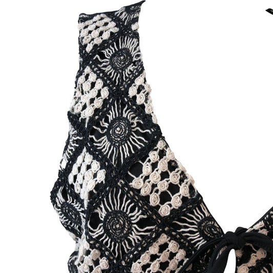 River Island Women's Crochet Vest Top UK L Black White Floral Design Vintage