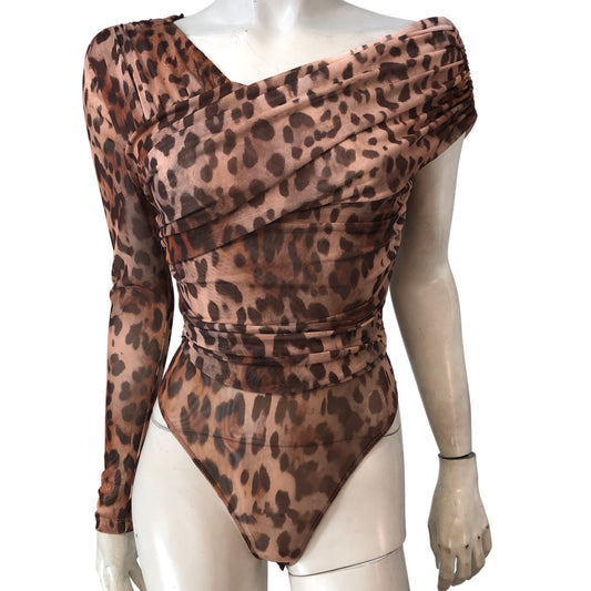 River Island Brown Leopard Print Bodysuit UK8 Women's One Sleeve Ruched Top