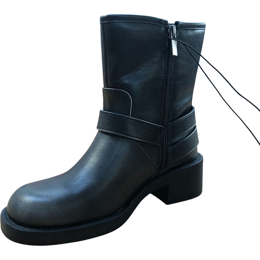 Chunky Heeled Ankle Boots UK4 Women's Black Faux Leather Zipper Detail
