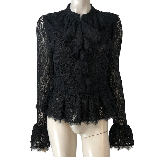 Branded Lace Peplum Blouse UK12 Women's Black Frill Detail Long Sleeve Top