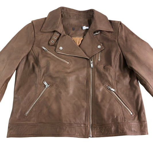 Branded Tan Brown Leather Biker Jacket UK18