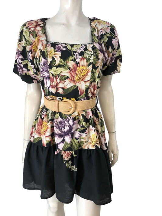 River Island Floral Print Dress Size UK 8 Women's Short Puff Sleeve Belted Black