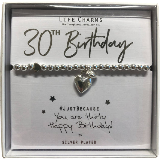 Life Charms 30th Birthday Silver Plated Bracelet Gift for Her Heart Charm