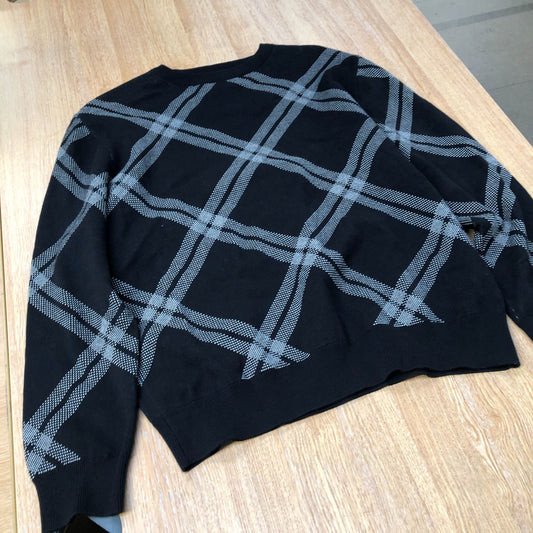 River Island Sweater Crew Neck Size Medium Men's Black Plaid Cotton Blend
