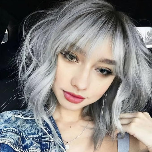 BESTUNG Short Grey Ombre Bob Wig with Fringe 10 Inch Women's Wavy Hair