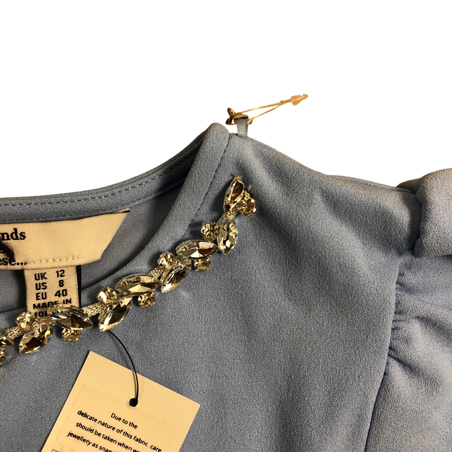 Friends Like These Women's Blue Top UK12 Puff Sleeve Necklace Detail