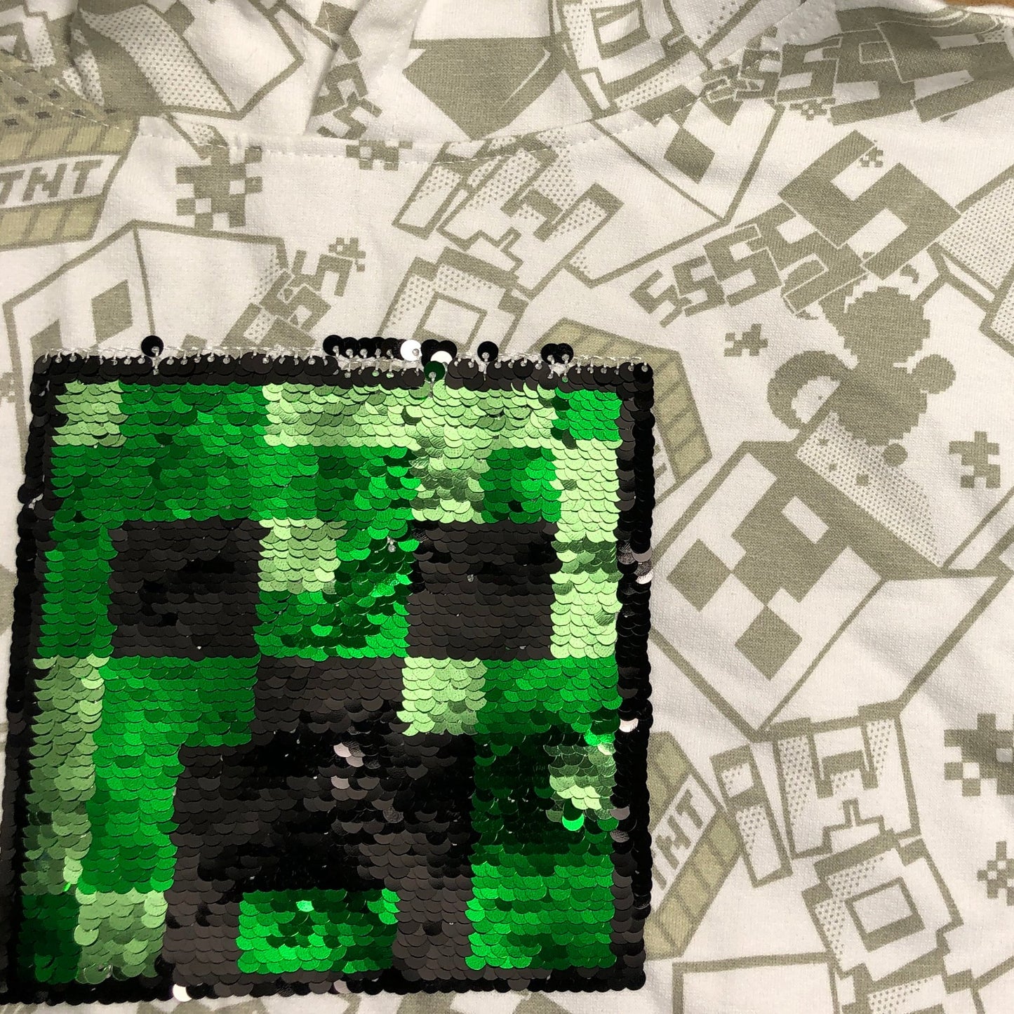 Angel & Rocket Minecraft Creeper Sequin Hoodie Boys Age 8-9 White Green