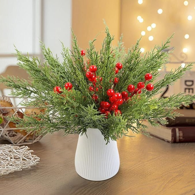 Artificial Norfolk Pine Sprigs 45 Pieces with 15 Red Berries - 12.6 Inch