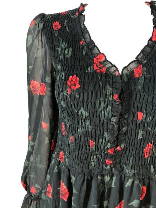 River Island Floral Smocked Dress Women's Black Red Rose Print Size UK6