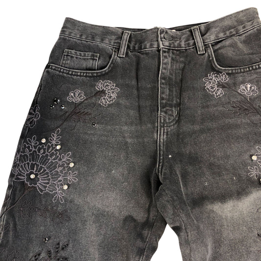 Embroidered Embellished Floral Jeans Women's Black Stretch Denim