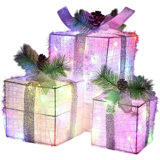 Joie Domi Tinsel Gift Box LED Lights Multicolour Indoor Decorations 3 Pieces