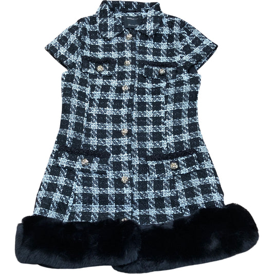 River Island Black White Checked Dress With Faux Fur Trim